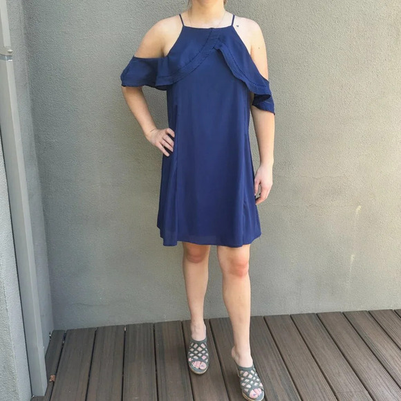 NORDSTROM Dee Elly Shoulder Detail Swing A Line Dress Navy - size Large - Picture 2 of 12